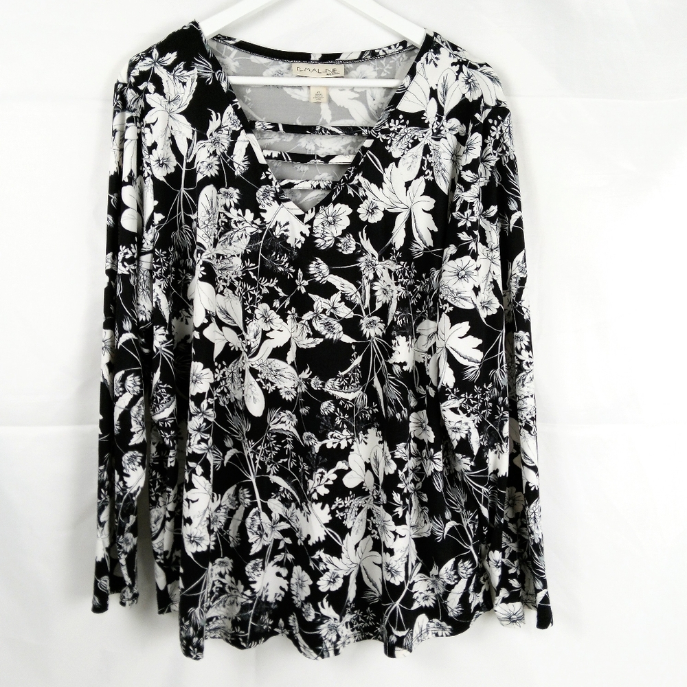 Emaline Women Plus Size 2X Top Black Floral Long Sleeve V-Neck Stretch Popover